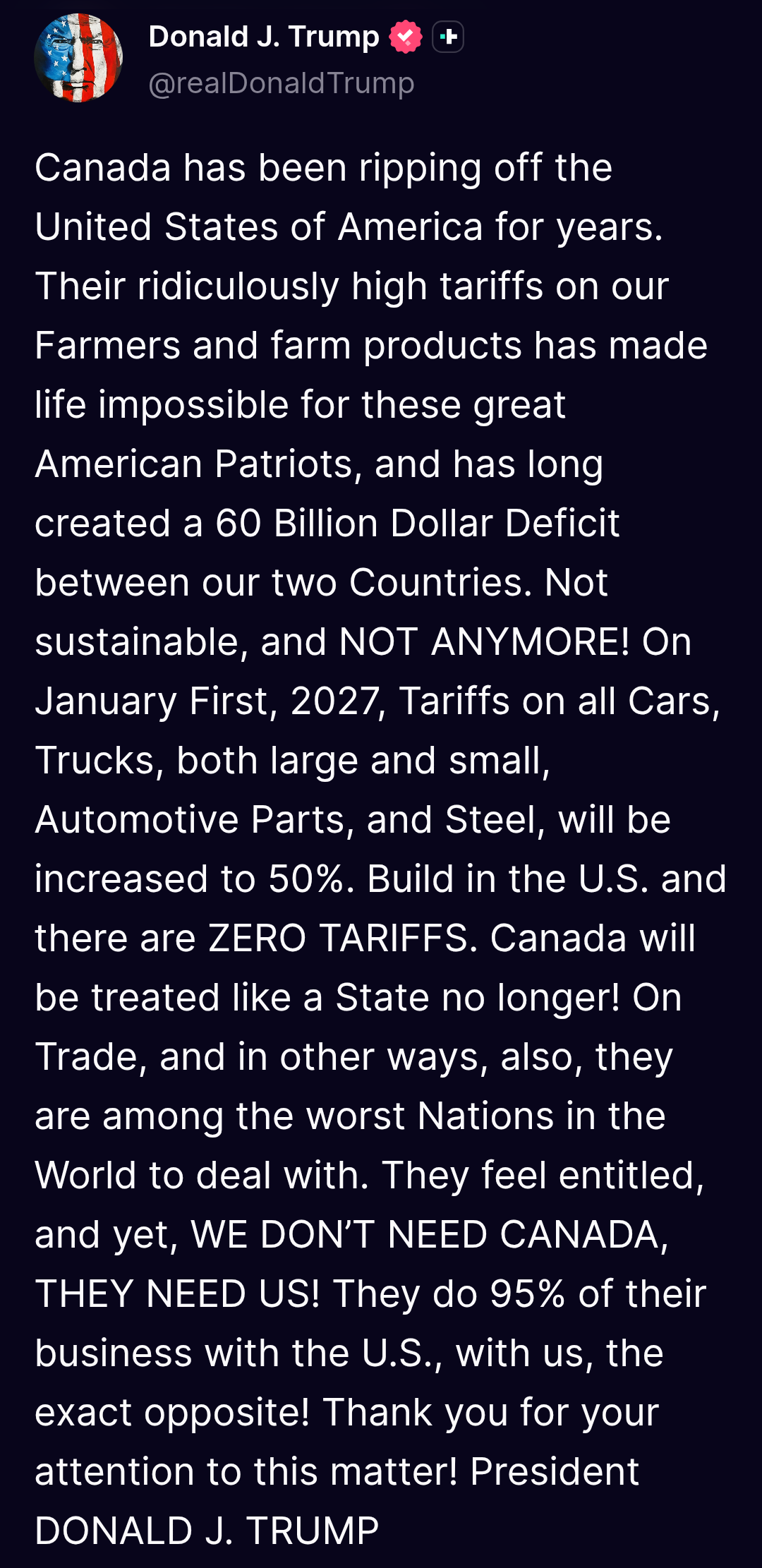 US President Donald Trump says tariffs on all cars, trucks, automotive parts, and steel from Canada will be increased to 50% effective January 1st.
